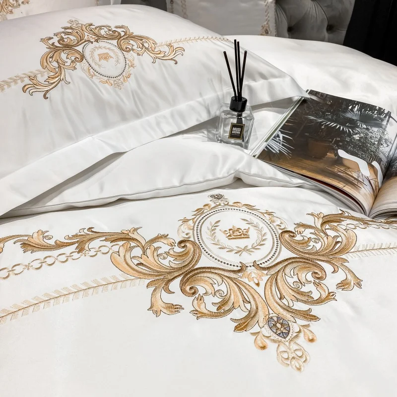 White Satin Washed Silk/Cotton Bedding Set Luxury Palace Gold Embroidery Duvet Cover Flat/Fitted Sheet Pillowcases Home Textiles | Дом и сад