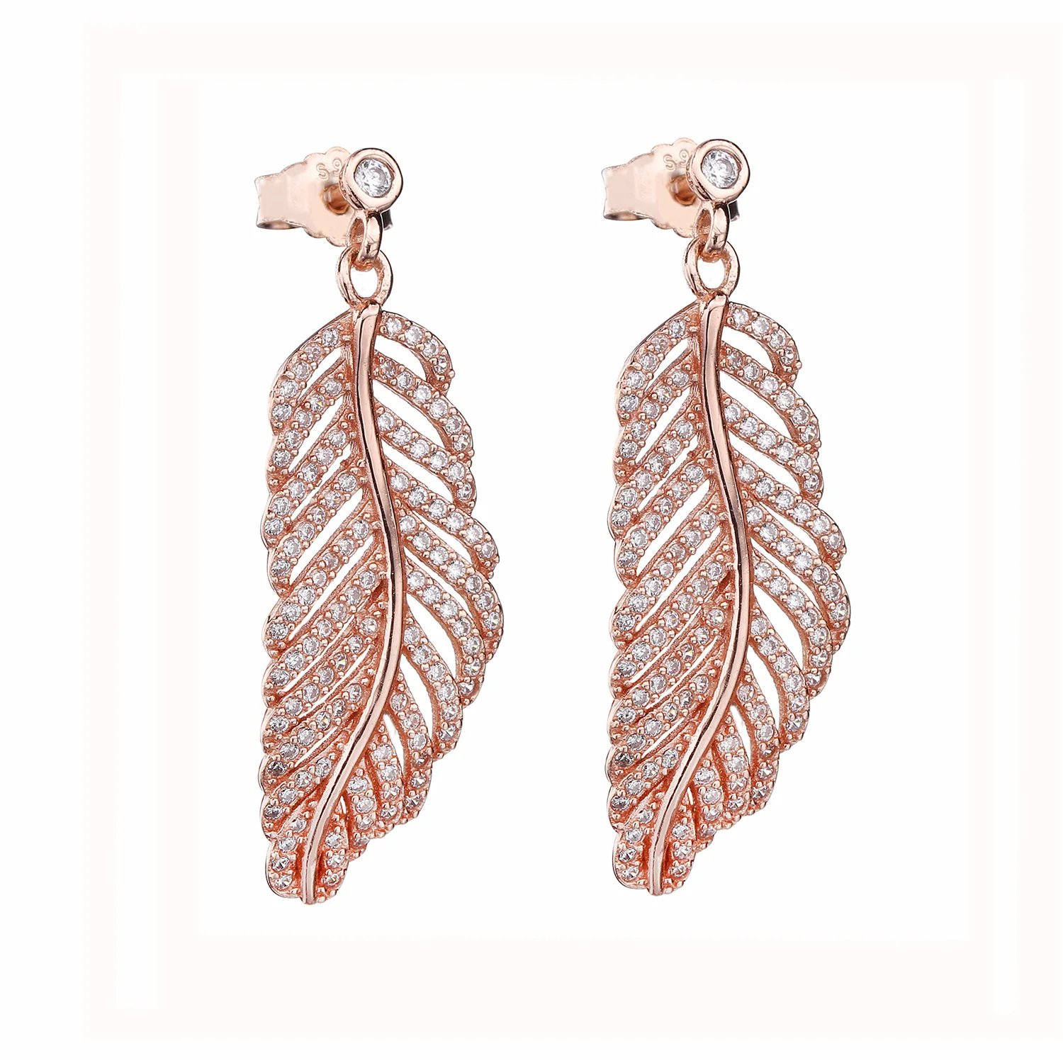 

Original 925 Sterling Silver Sparkling crystal Feather Drop Earrings for Women Light as leaves Stud Earrings Fashion Jewelry