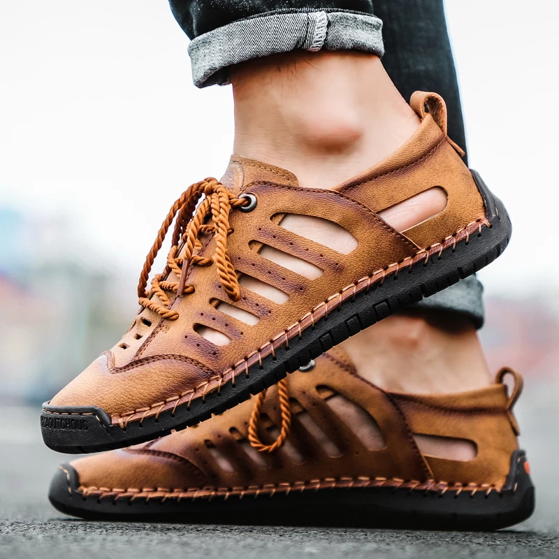 Big Size Men Leather Beach Sandals Outdoor 2022 Summer Handmade Shoes Breathable Casual Footwear Walking | Обувь