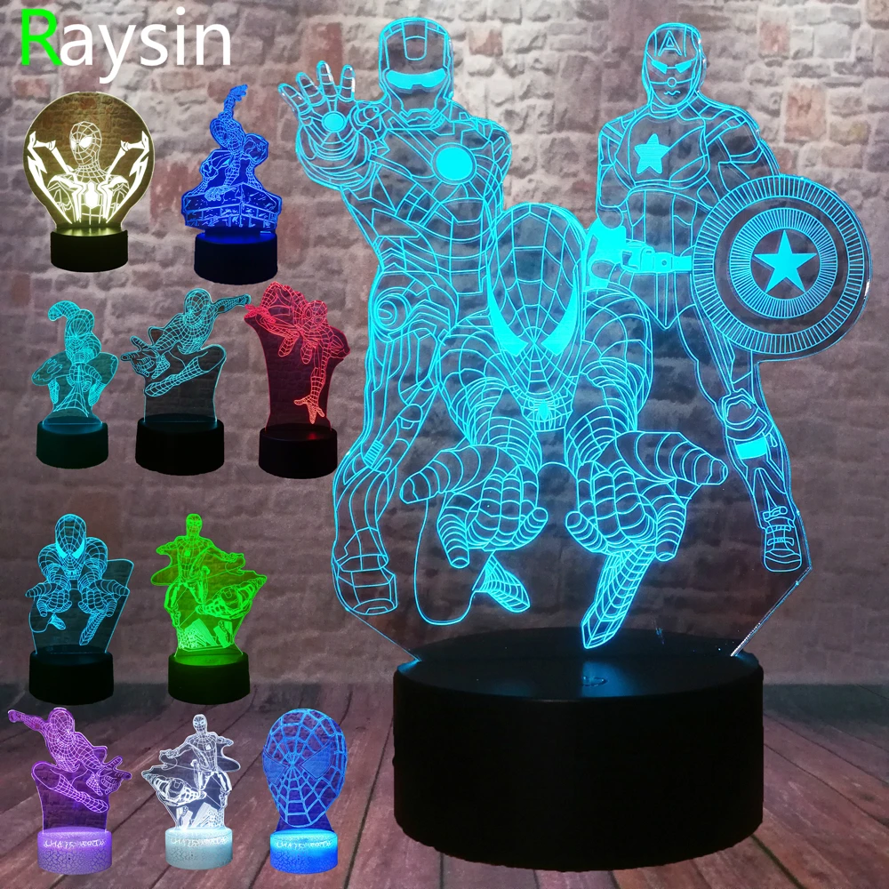 5 различных супергероев Человек-паук 3D лампа 7 цветов светодиодный градиентный ночной Светильник дети Lampara спящий творческий подарок на праздник
