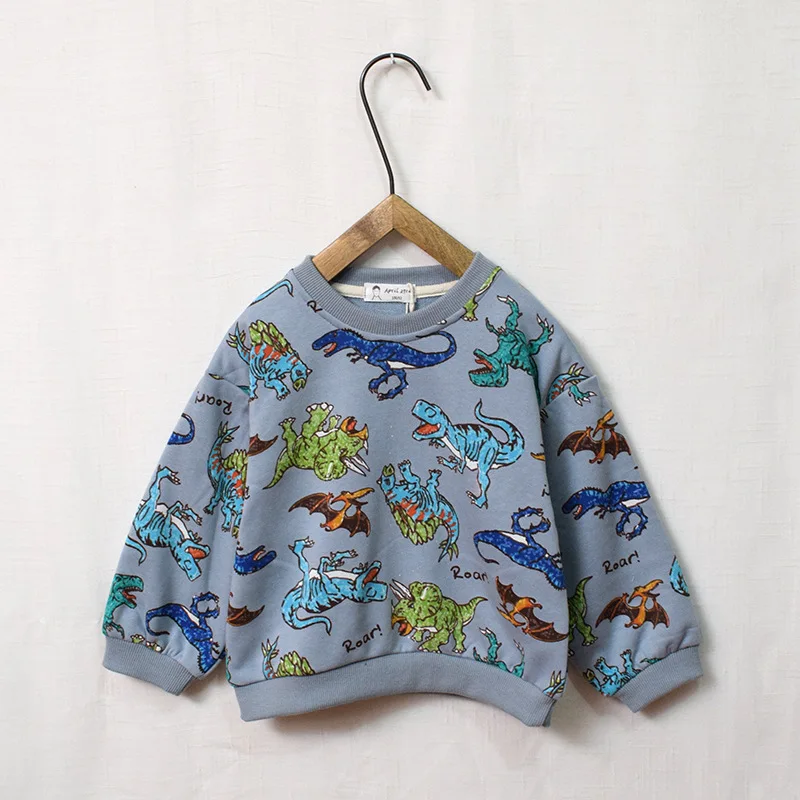 Детская футболка с принтом динозавра пуловер круглым вырезом и милым рисунком