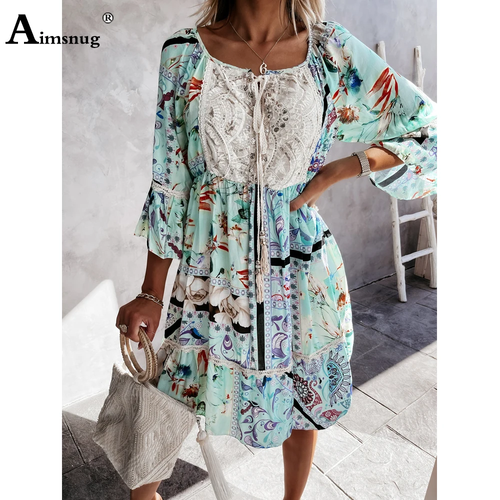 

Women Knee-Length Dress Bohemian Patchwork Lace Flower Print Summer Beach Dress Three Quarter Sleeve Ladies A-line Dresses Femme