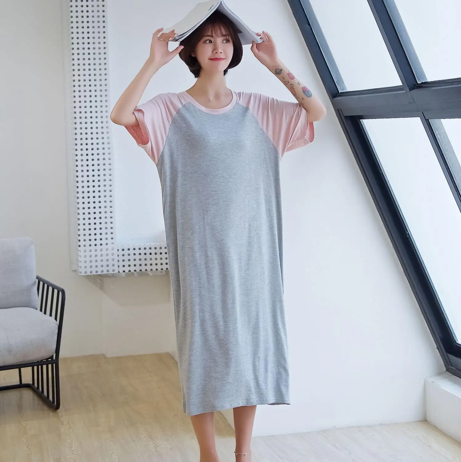 

Summer Women's Modal Short Sleeve Nightdress Round Neck Color Matching Loose House Clothing Printed Pattern One Size Pajamas