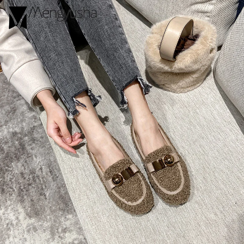Женские кожаные плюшевые мокасины на плоской подошве с круглым и квадратным