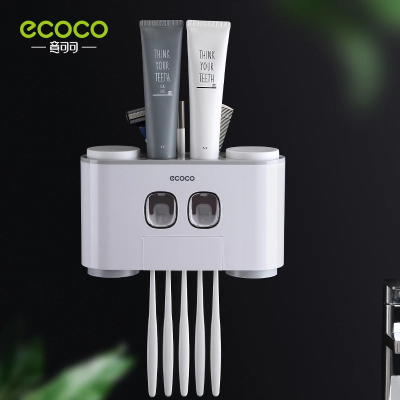 ecoco wall mount automatic toothpaste squeezer dispenser toothbrush holder bathroom accessories storage rack with 4 cups free global shipping