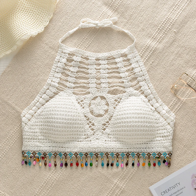 

Crochet sexy bikini 2020 Retro women's swimsuit solid Female biquine White top padded Tassel bathing suit Knitted Beachwear NEW
