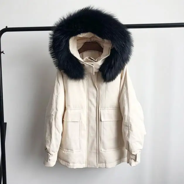 beige Большой натуральный мех енота воротник Зимний пуховик женский 90% белый пуховик с капюшоном Толстая теплая Женская куртка зимняя верхняя одежда - Цвет: beige