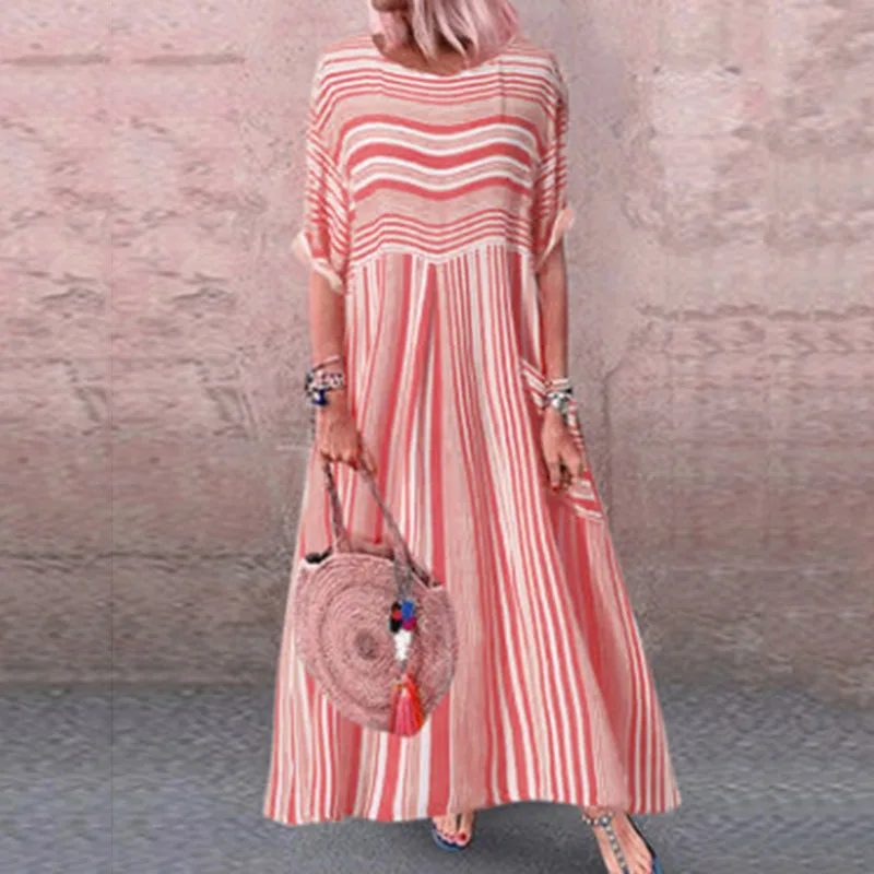 Повседневное Полосатое длинное платье с короткими рукавами и круглым вырезом