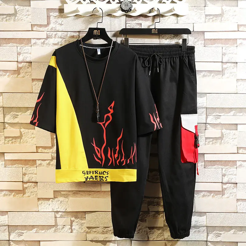 

Tshirts & Pants Suits new Patchwork color Men's Running Set Sports Suits Causal Loose Clothes Gym Sportswear shirt Quick Dry