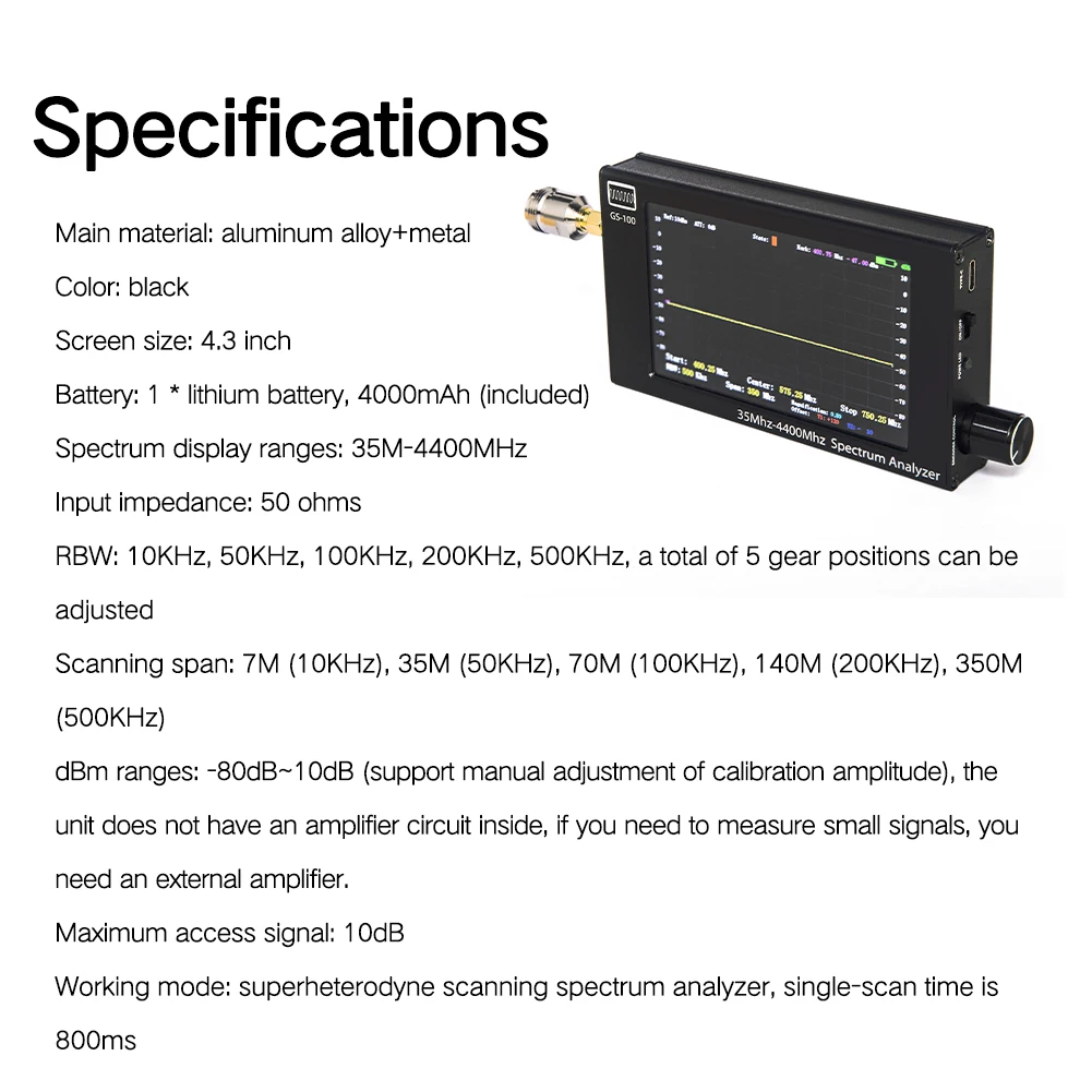 

GS100 35MHz-4400MHz TFT LCD Display Screen Handheld Spectrum Analyzer Aluminum Housing Multifunction Utility Tool