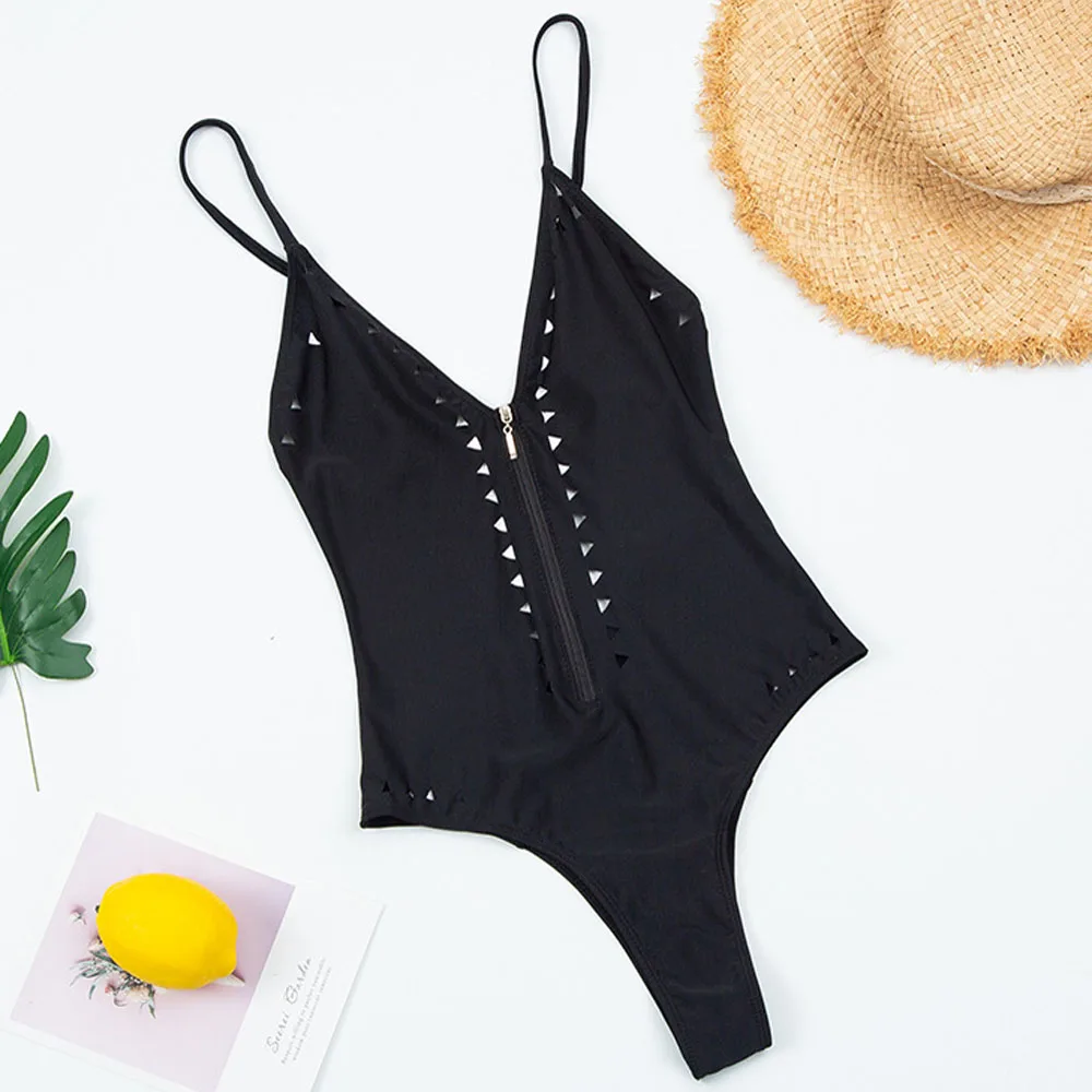 Черный Цельный купальник с вырезами и v-образным вырезом сексуальный женский