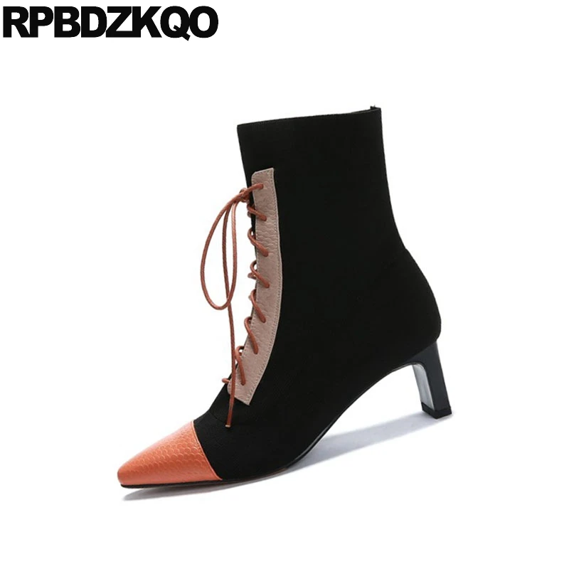 Ботильоны женские на шнуровке спереди с острым носком высоком каблуке|Женские