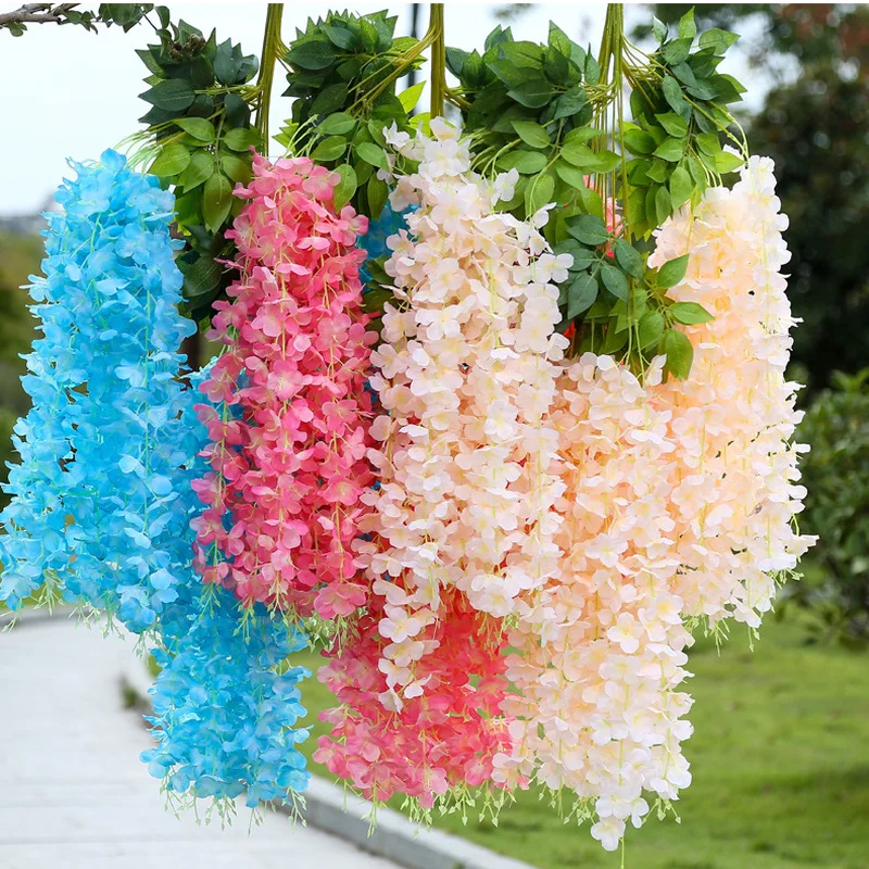 

6 Leaves 36 Flowers/branch DIY Home Decor Wedding Party Decor Artificial Fake Silk Wisteria Hanging Rattan Flower Vines Garland