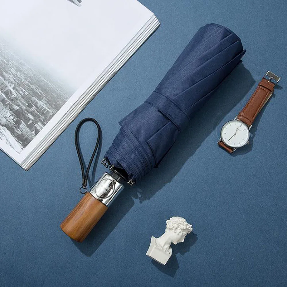 Складной автоматический зонт с деревянной ручкой защита от ветра и дождя для