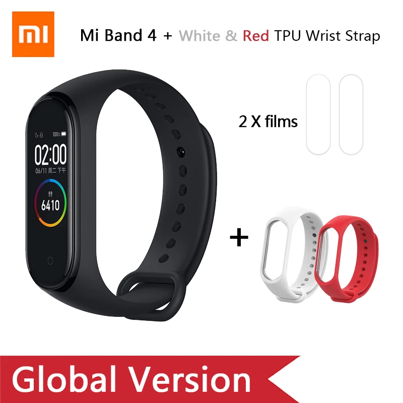 Ad White Red strap Глобальная версия, Xiaomi mi-браслет 4 mi Band 4, музыкальный цветной экран, фитнес-частота сердечных сокращений, Bluetooth 5,0, умные часы, Russina - Цвет: Ad White Red strap