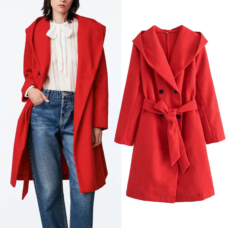 

Женское шерстяное пальто Za, винтажное красное двубортное пальто с длинным рукавом и поясом, верхняя одежда с капюшоном, 2021