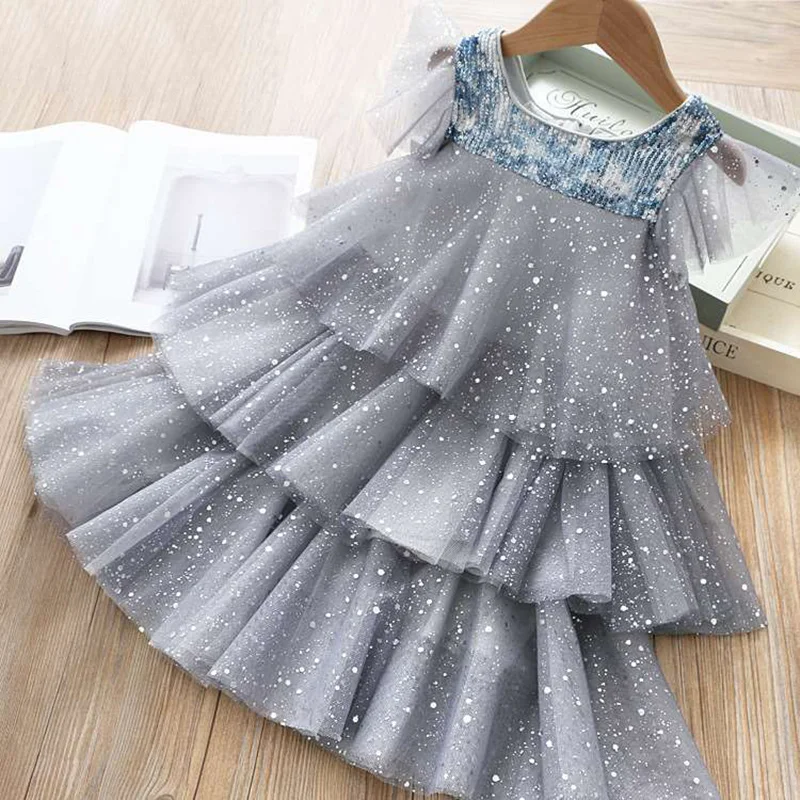 

Girls Summer Dresses For Kids Fairy Lace Mesh Cake Sequin Layered Princess Dress Children Wedding Party Costume Summer Clothes