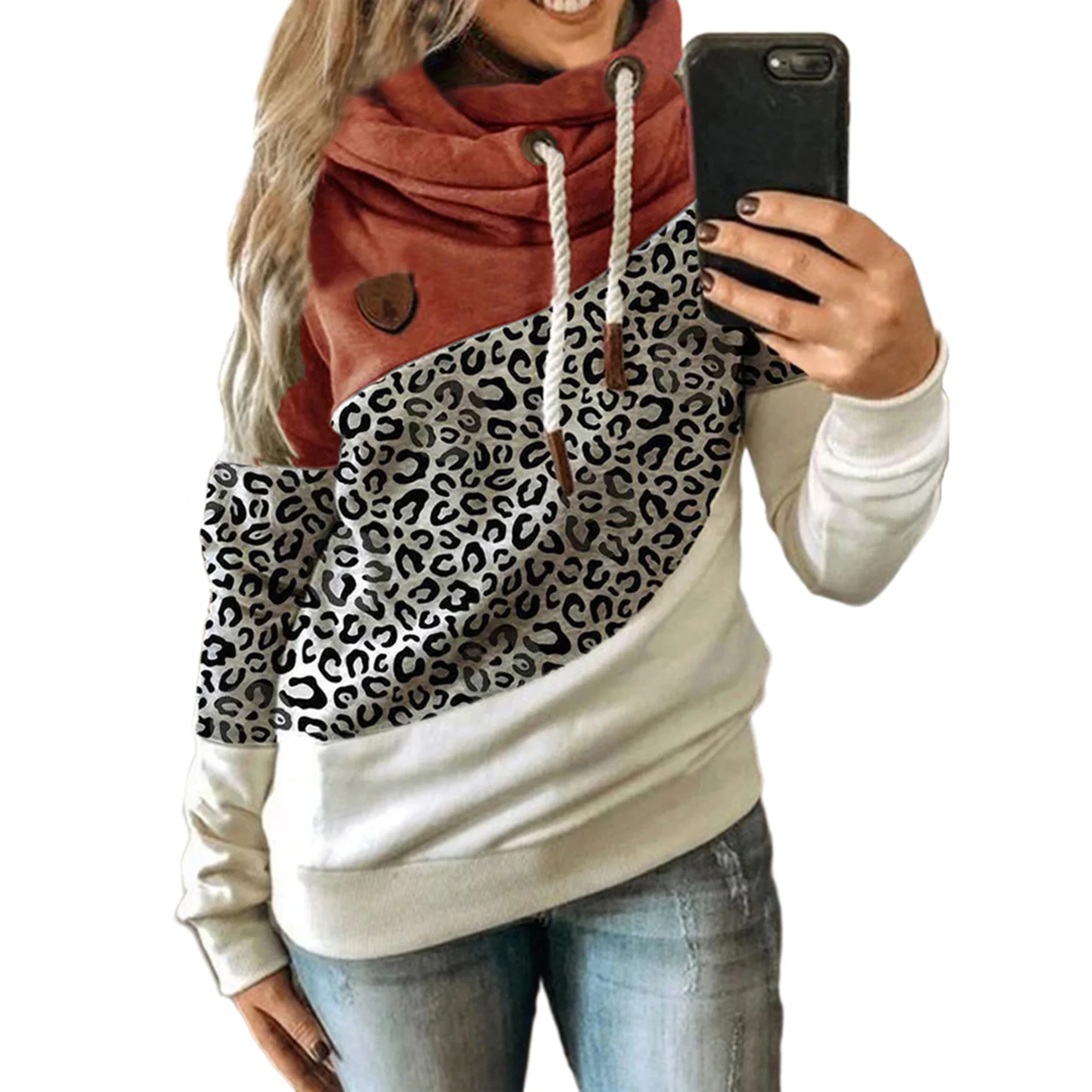 

Autumn Winter Women Cowl Neck Leopard Camouflage Color Block Patchwork Fall Hoodie Sweatshirt Pullover Casual Warm Hooded Tops