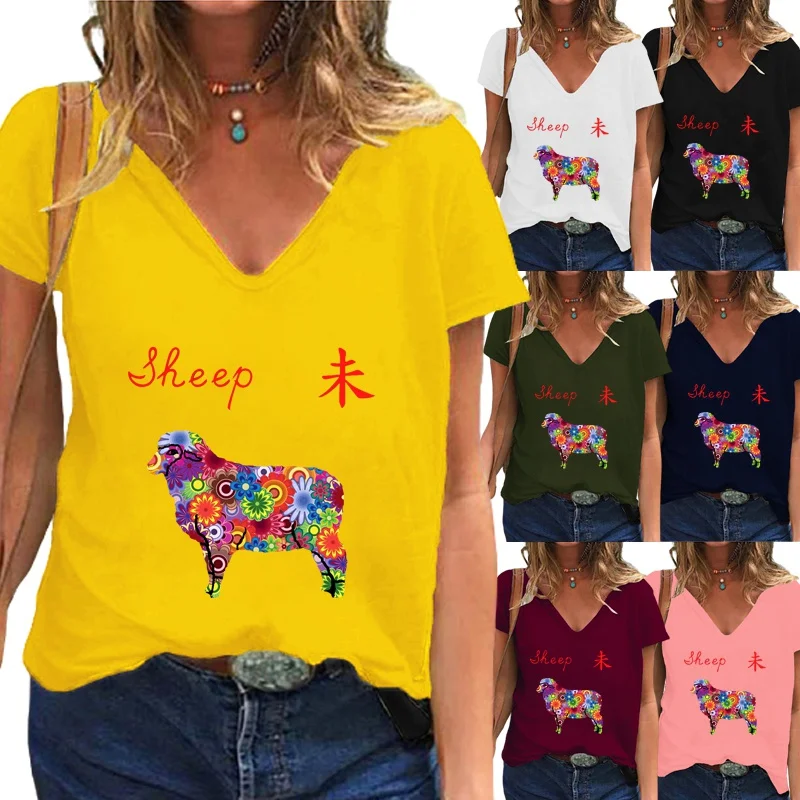 

r Women Fashion Printing Elegantshirt V-neck Pullover Top Graphic Tee Loose Shirt Summer T-shirts Short Sleeves Tops & Blouses