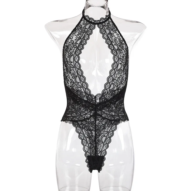 

2021 Women's MUMU New Sexy Fashion Underwear Lace Bikini Lace Hollow Thong Perspective V-Neck Halter One-piece S-3XL