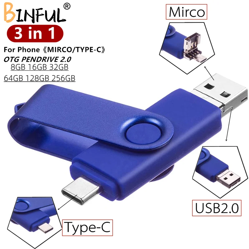 USB флеш накопитель BiNFUL OTG 3 в 1 Type C и Micro для телефона 512 ГБ 256 128 64 32 16 ГБ|USB