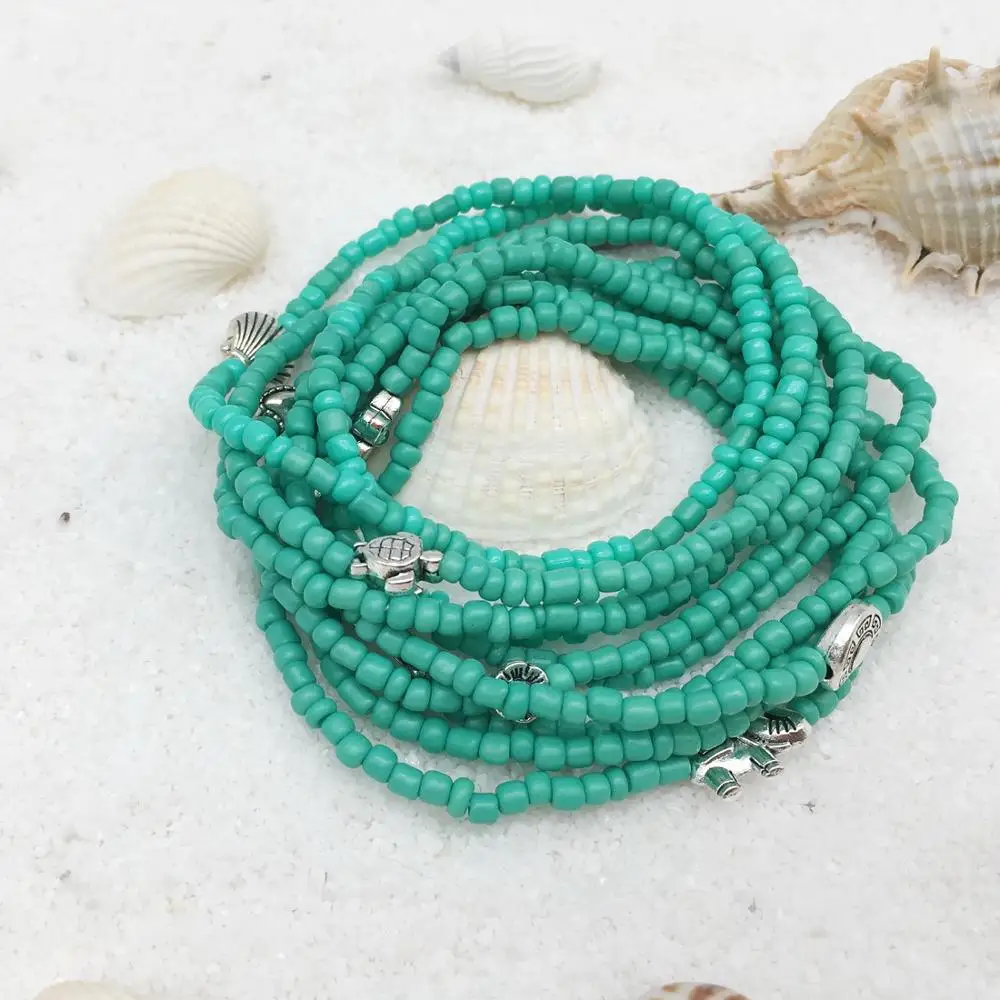 Металлический браслет для женщин и девочек 77 зеленых бусин черепаха ракушка