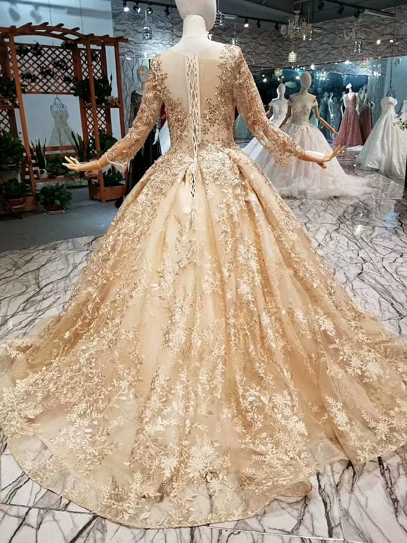 LS147944 Роскошные Дубай женские платья для особых случаев круглый вырез с длинным рукавом бальное платье блестящее Золотое кружево мусульманские Вечерние платья со шлейфом