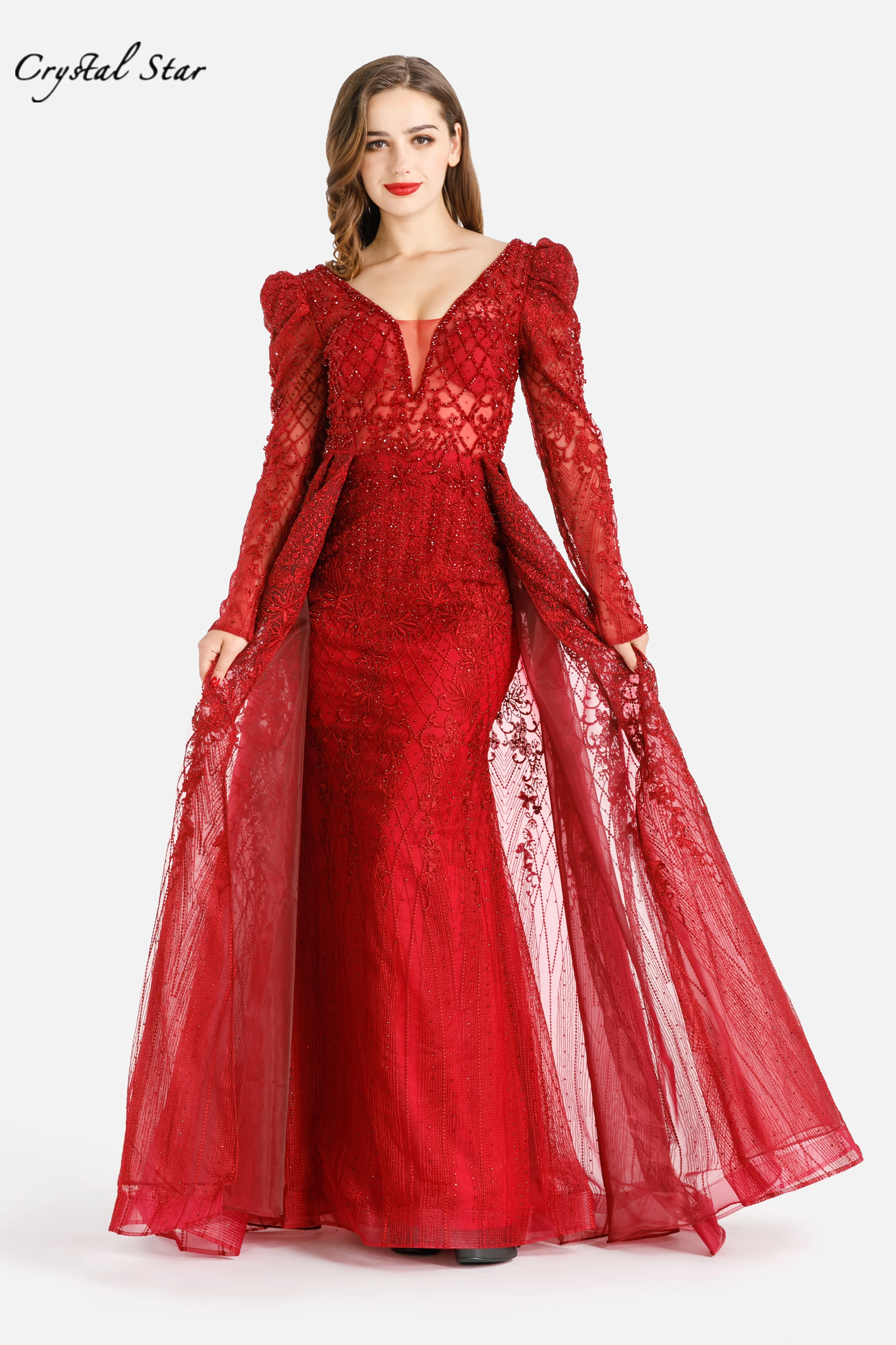 

Muslim Red Luxury Beading With Train Mermaid Evening Dresses Gowns 2021 For Women Party,Wedding,Prom HO1037