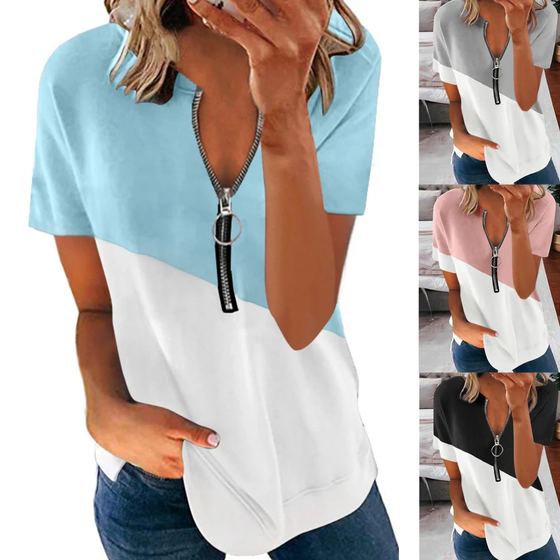 

Summer Contrast Print V-neck Top Vintage Zipper Short Sleeve Shirt Women Fashion Loose Pullover T-shirt Casual Streetwear