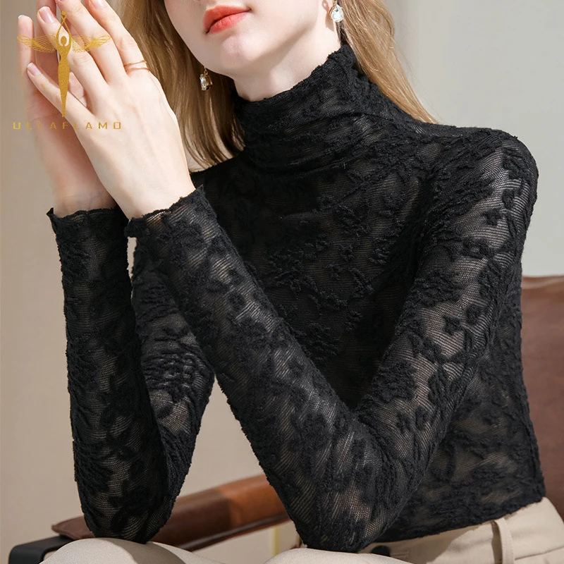 Кружевные футболки с воротником-хомутом женские сетчатые Топы длинным рукавом