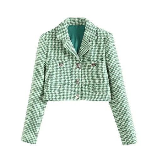 

Женский винтажный пиджак с отложным воротником, классический короткий жакет с металлической пряжкой, блейзер из твида, 2021