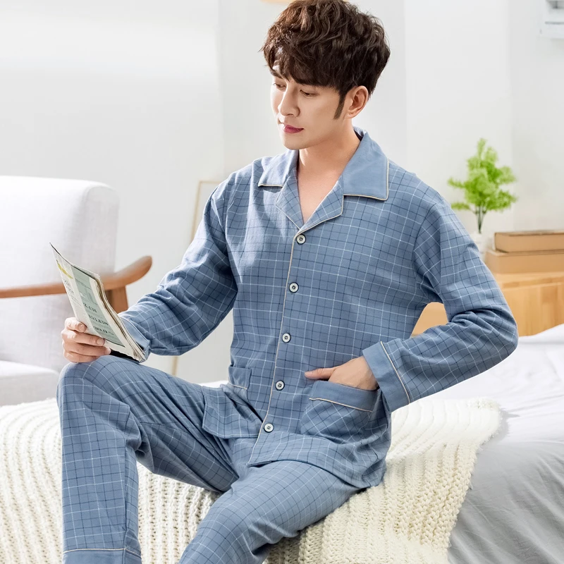 Korean Cotton Sleepwear Autumn Bedroom Casual Loose Thin Long Sleeve Comfy Set Sleepwear Szata Zestawy Men's Sleep DB60SY