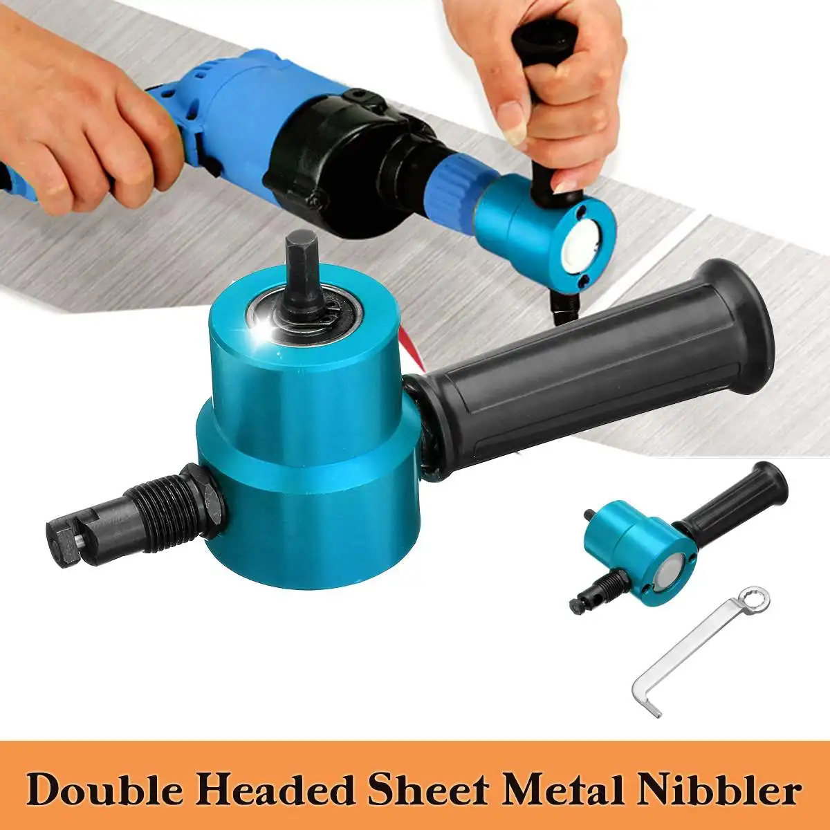 

Double Headed Sheet Metal Cutting Nibbler Metal Saw Cutter 360 Degree Adjustable Drill Attachment with Wrench