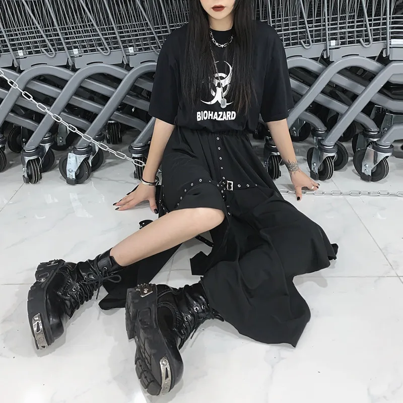 Focal20 Harajuku цветная лента нерегулярная Женская юбка с высокой талией черная Летняя женская юбка Свободная выше колена Женская юбка