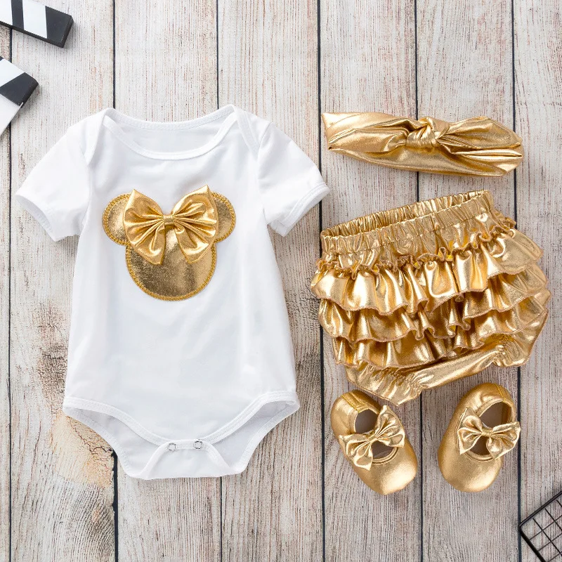 

0-24 Month Summer Casual Cotton Short Sleeve Romper Baby Romper Golden PP Pants Suit Baby Jumpsuit Four-piece Children's