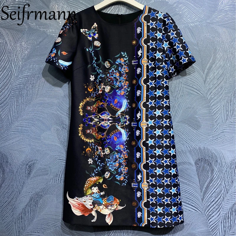 

Seifrmann New 2021 Summer Women Fashion Runway Mini Dress Short Sleeve Gorgeous Crystal Beading Geometric Print Dresses Vestidos