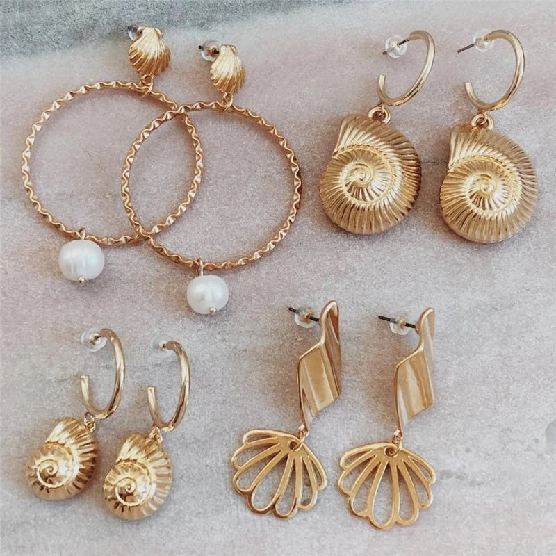 

4pair/set Bohemian Gold Seashell Cowrie Starfish Drop Dangle Earring for Women Geometric Piercing Earrings Jewelry Summer Brinco