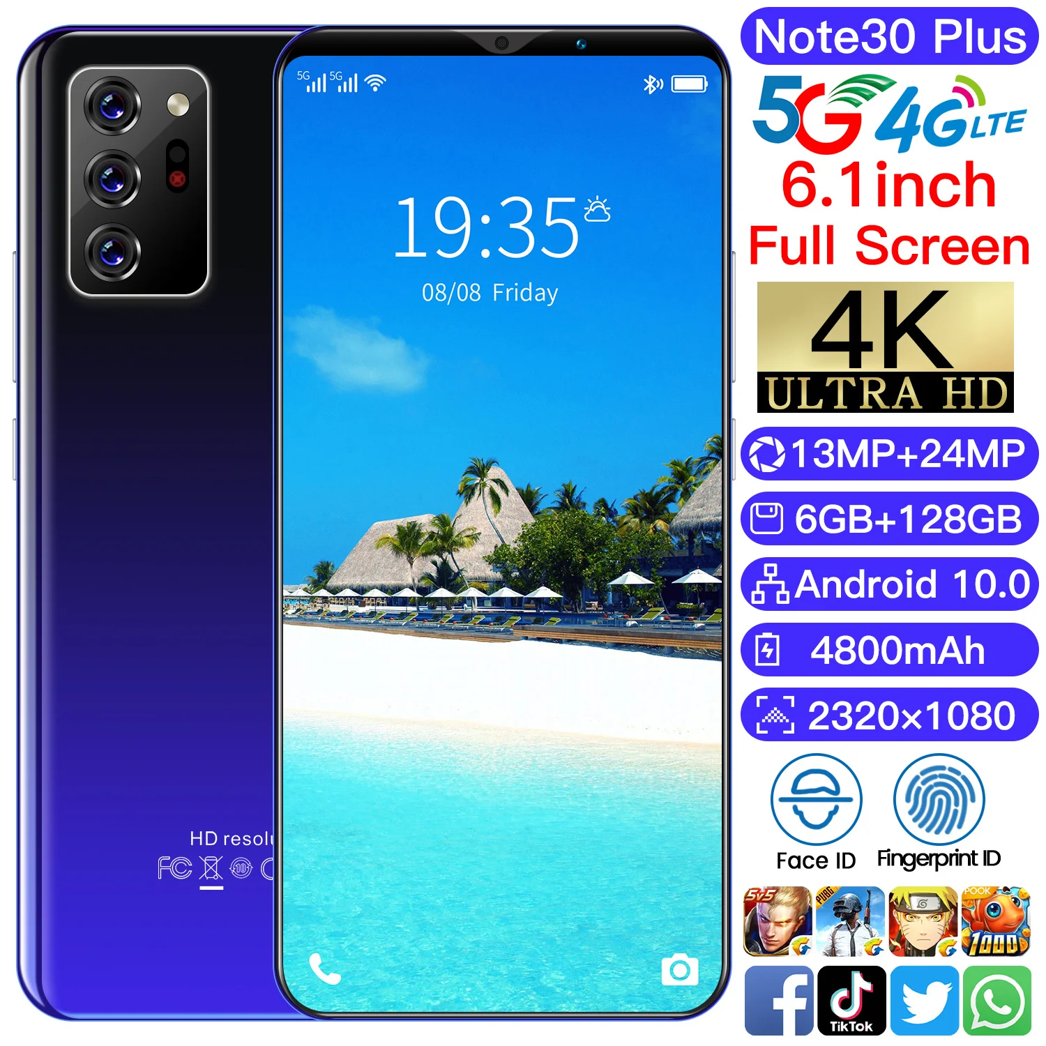 

Global Version 6.1 Inch Note30 Plus Android10 Smartphone 6+128GB4800mAh Face Unlock Cellphone Dual SIM 4G LTE 5G Network Phone