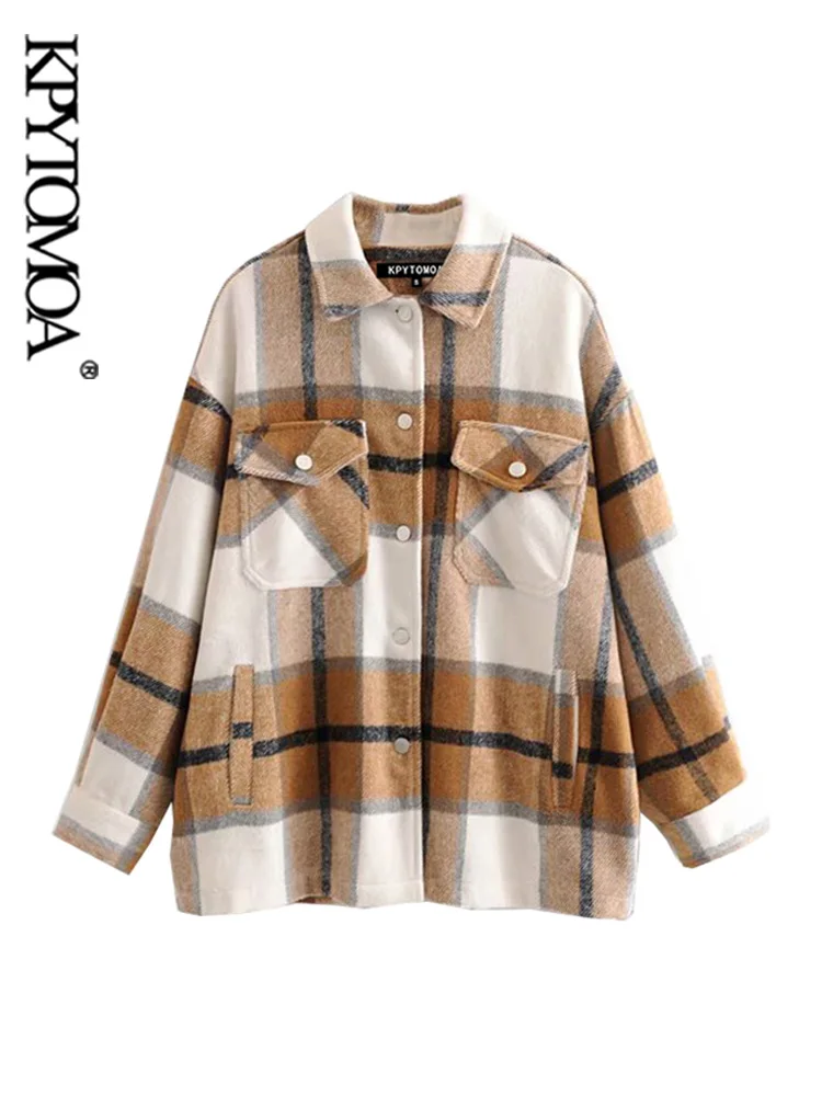 Куртка женская клетчатая с воротником отложным и длинным рукавом