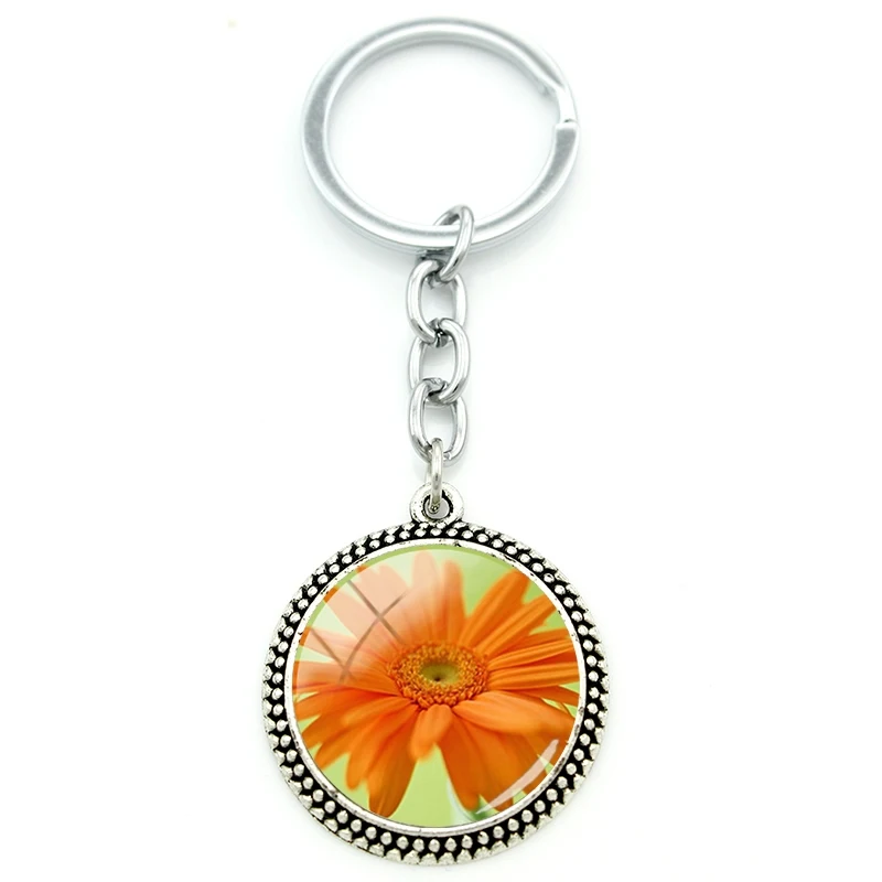 

TAFREE Fashion Trend Colorful Daisy Pendant Round Jewelry Glass Gem Cabochon Keychain Metal Keychain Gift