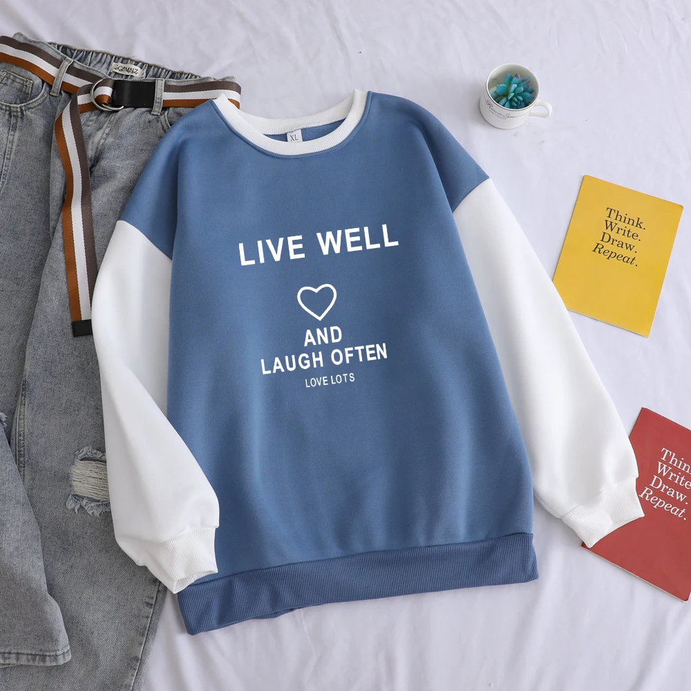 

LIVE WELL AND LAUGH OFTEN Letter Print Hoodies Sweatshirt Women Harajuku Fleece Casual Spell Color Spliced Kawaii Heart Pullover