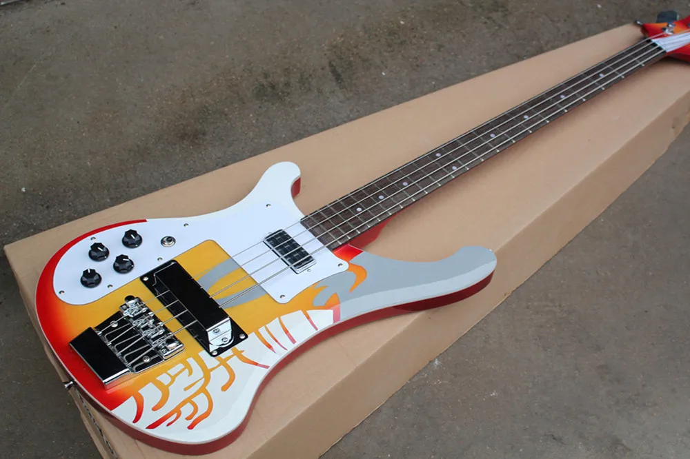 

Left-handed Color veneer Electric Bass Guitar with White Pickguard,Rosewood Fingerboard,Chrome hardware,Provide custom service