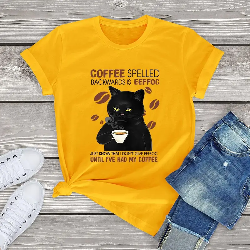 100% cotton t shirt women Black Cat Coffee Spelled Backwards Is Funny Cat Coffee tops unisex T Shirt harajuku women's  tees gift images - 3