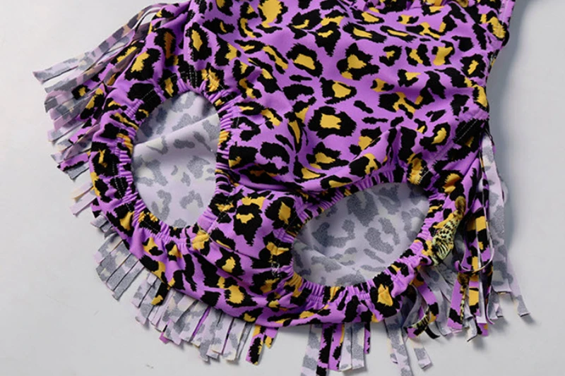 Леопардовый купальник для девочек 1 10 лет сине фиолетовый Цельный с бахромой