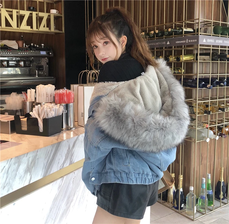 Новинка 2019 зимняя джинсовая куртка короткое пальто большой меховой воротник из