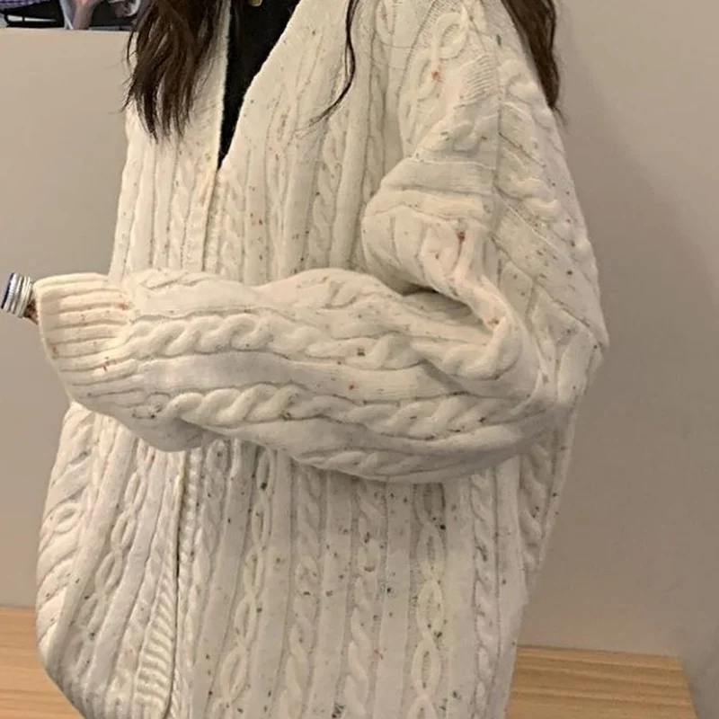 

Cardigan Women Pleated Loose Vintage Knitted Sweaters Autumn Female V-neck Elegant Oversize Sweet All-match Tender Students Chic