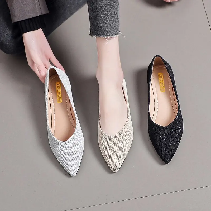 

2021 New Spring Autumn Pointed Toe Single Shoes Women Casual Shallow Mouth Flat Bridesmaid Shoes Prom Evening Women
