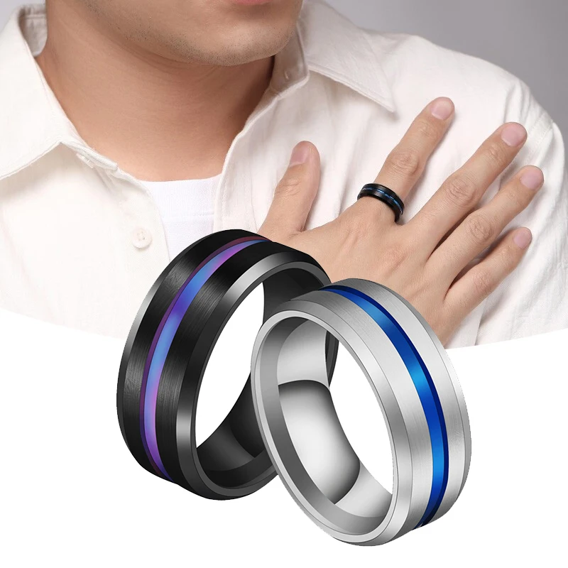 Мужское модное черное кольцо из нержавеющей стали обручальное с синим желобом