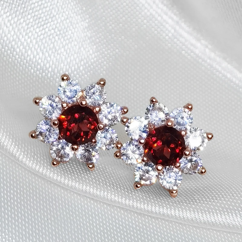 MeiBaPJ серьги гвоздики из натурального граната с цветком Настоящее серебро 925 пробы