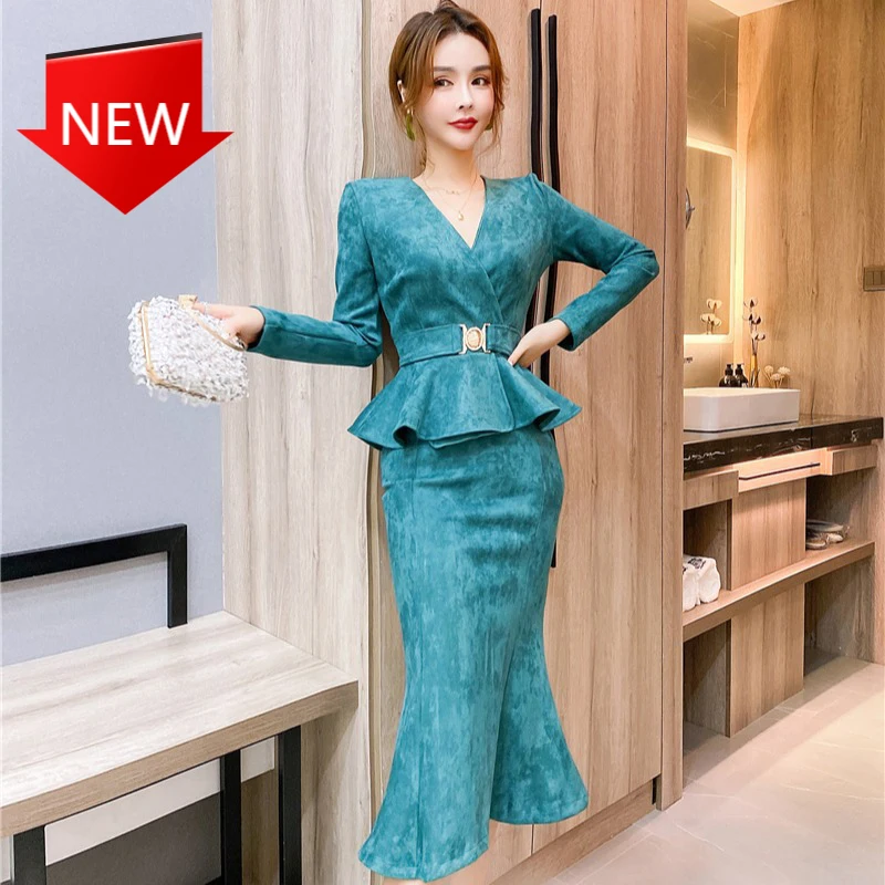 

Женское облегающее платье-Русалка с V-образным вырезом и длинным рукавом